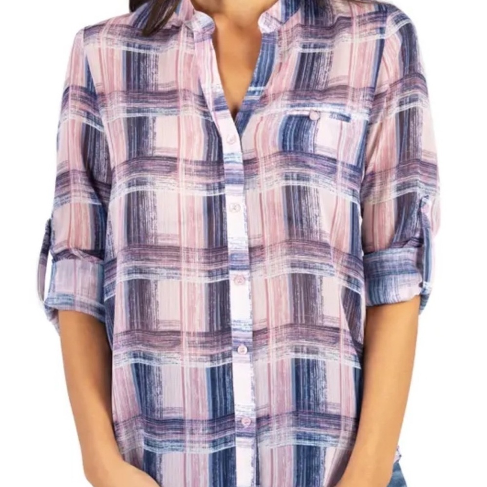 KUT FROM THE KLOTH JASMINE CHIFFON LONG SLEEVE V-NECK PINK BLUE BLOUSE TOP SZ XL